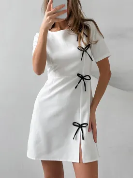 Crew Neck Slit Bow Decoration MIni Dress