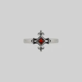 CRIMSON. Medieval Fleur de Lis Garnet Ring - Silver