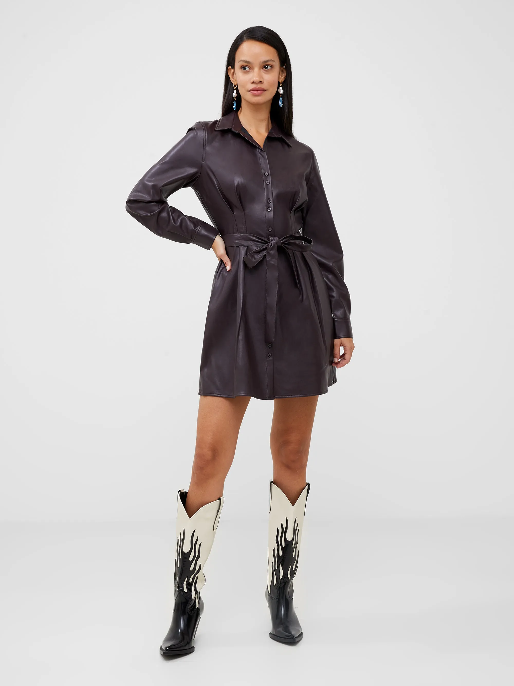 Crolenda PU Belted Shirt Dress