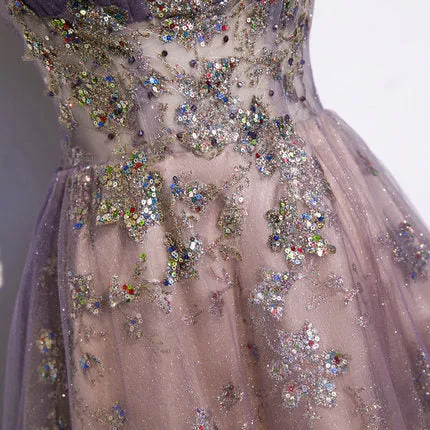 Cute A line Long Sequin Prom Dresses SH053