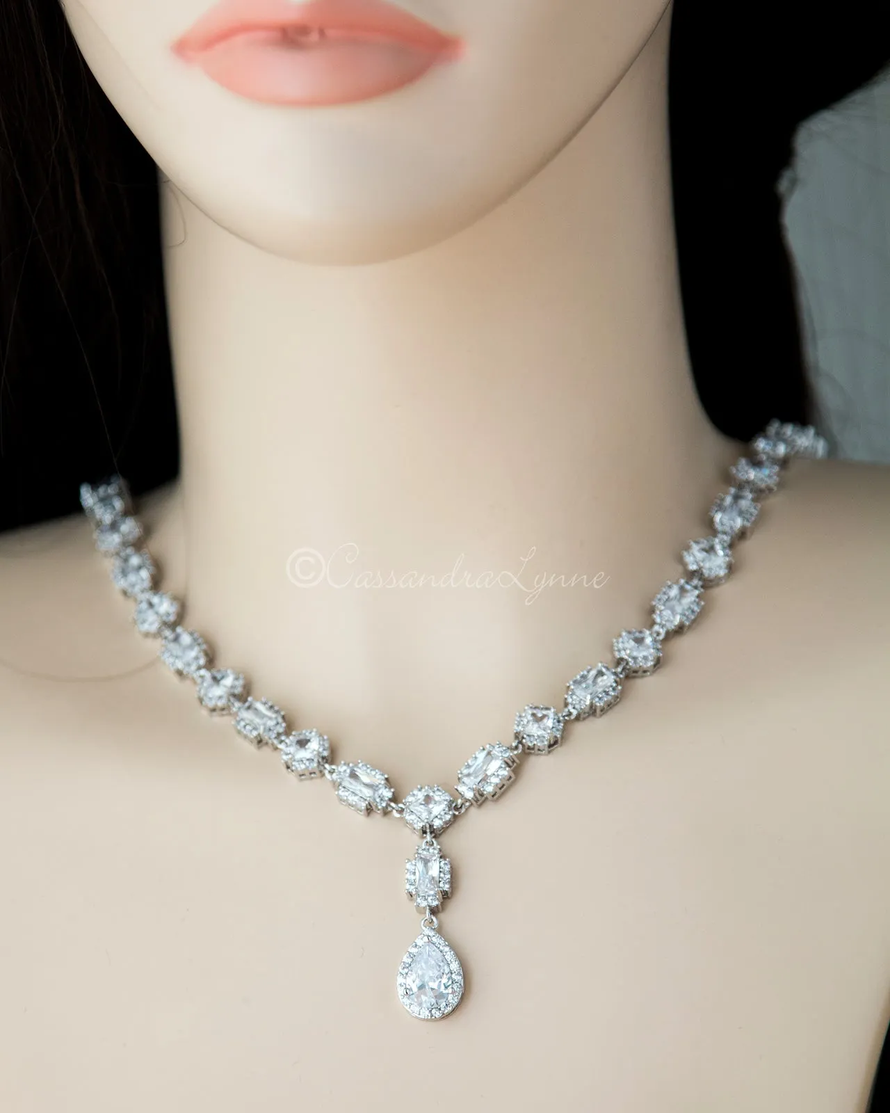 CZ Vintage Wedding Necklace with Back Drop