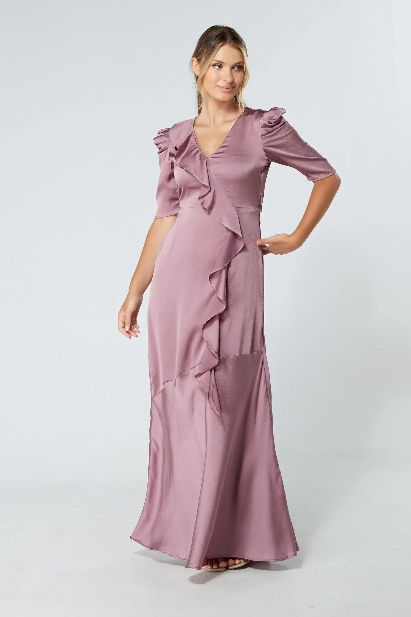 Daisy Lilac Satin Crepe Maxi Dress With Ruched Sleeves