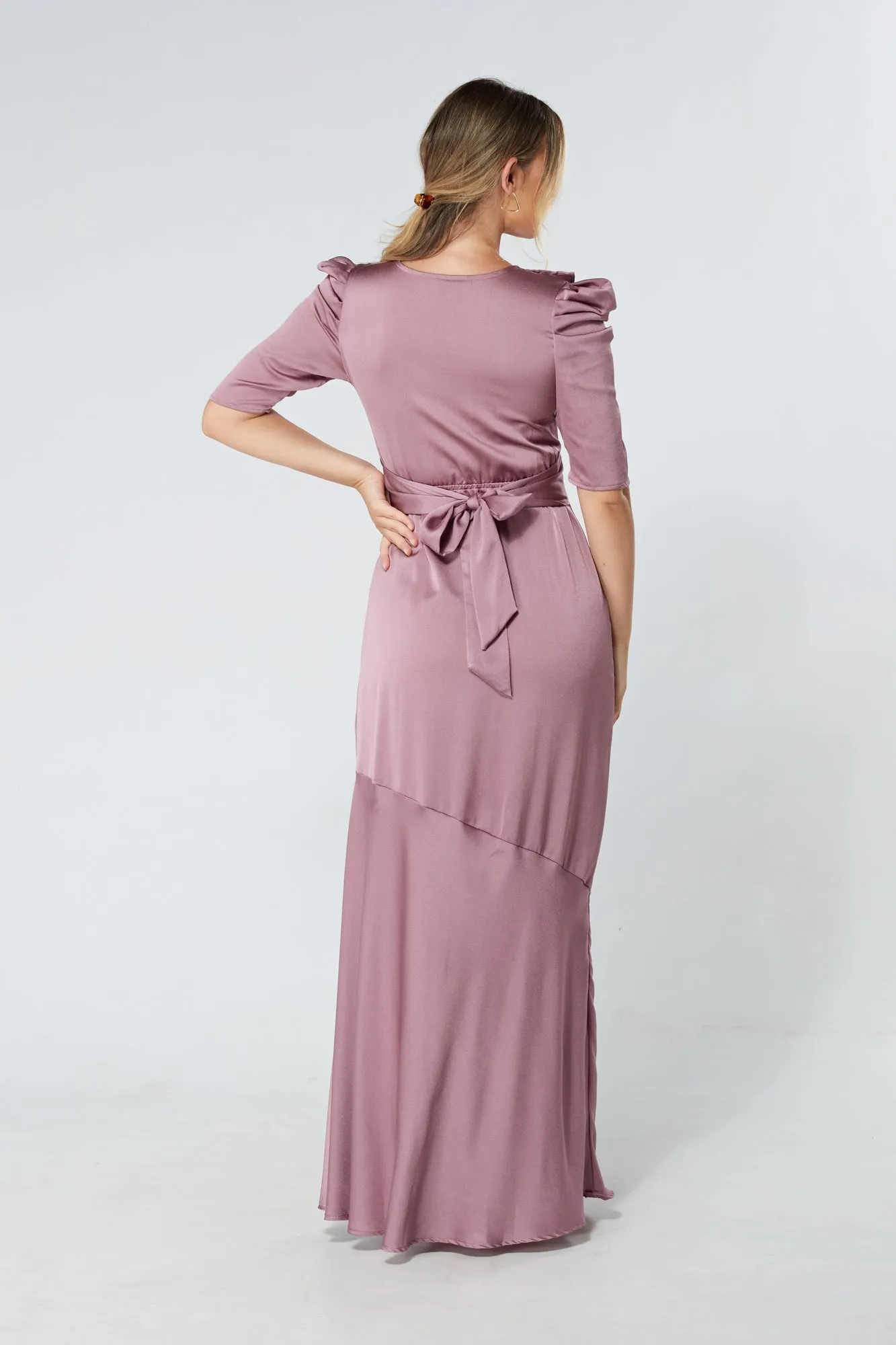 Daisy Lilac Satin Crepe Maxi Dress With Ruched Sleeves