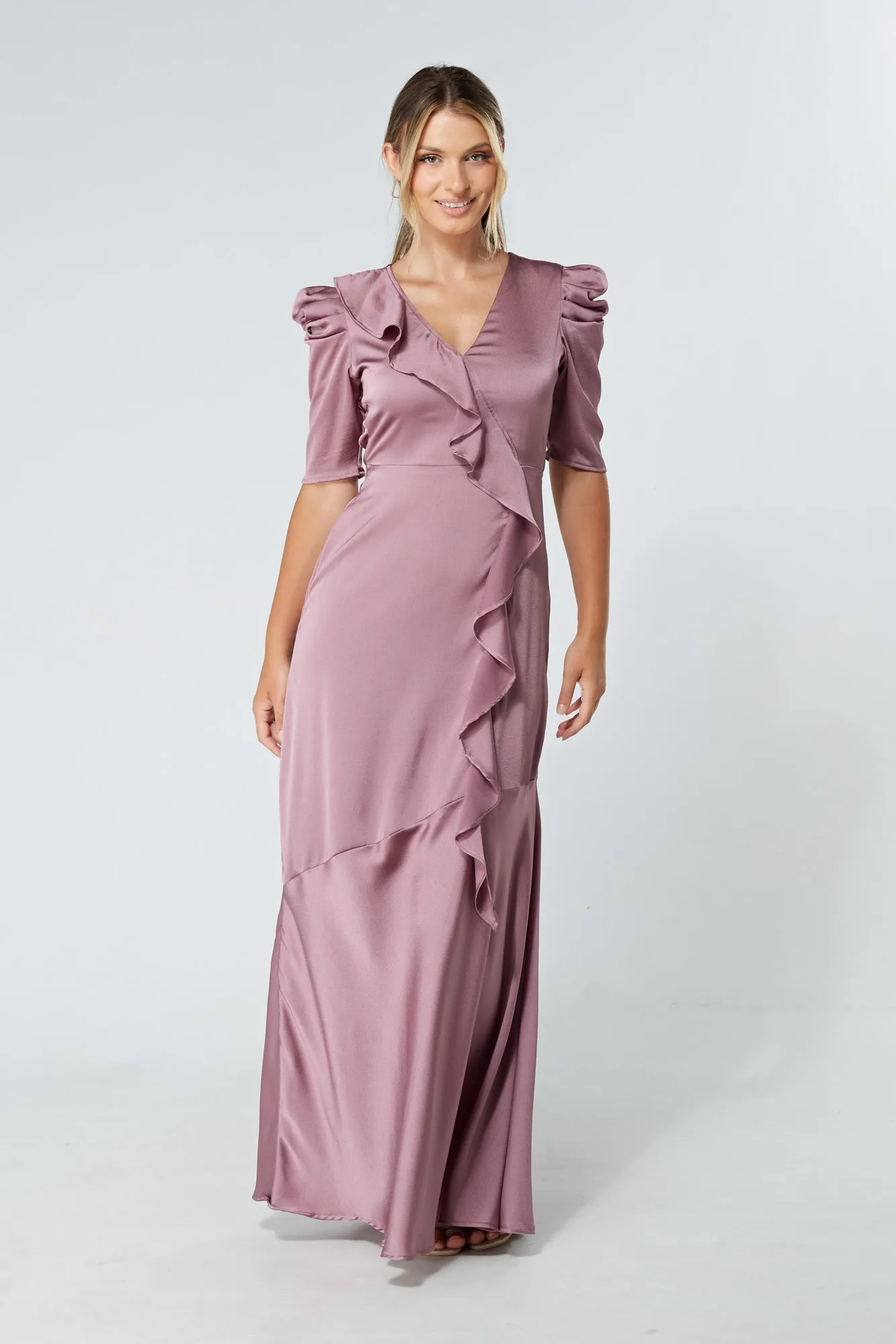 Daisy Lilac Satin Crepe Maxi Dress With Ruched Sleeves