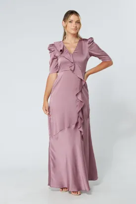 Daisy Lilac Satin Crepe Maxi Dress With Ruched Sleeves