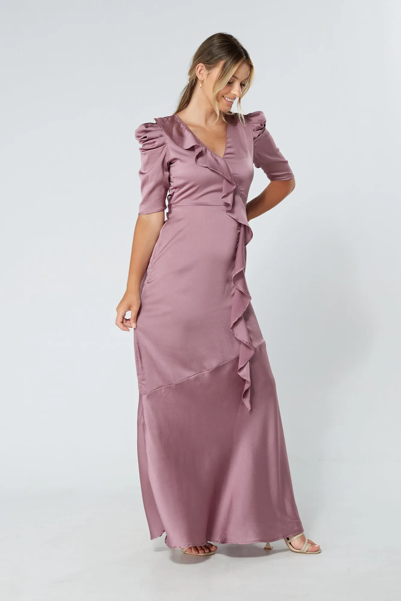 Daisy Lilac Satin Crepe Maxi Dress With Ruched Sleeves