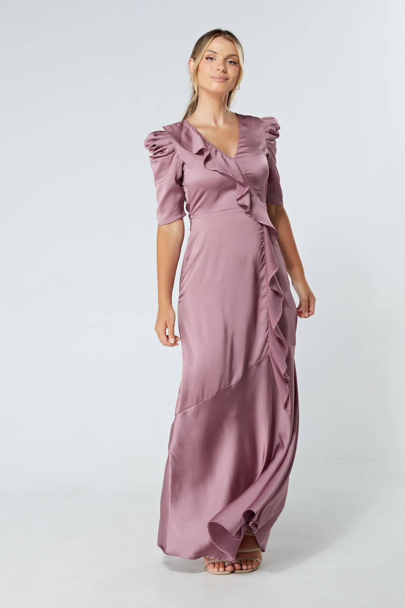 Daisy Lilac Satin Crepe Maxi Dress With Ruched Sleeves