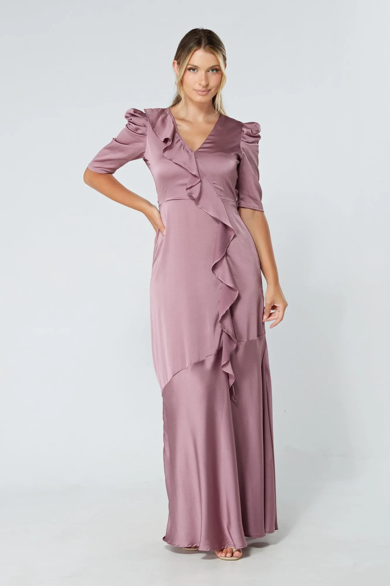 Daisy Lilac Satin Crepe Maxi Dress With Ruched Sleeves