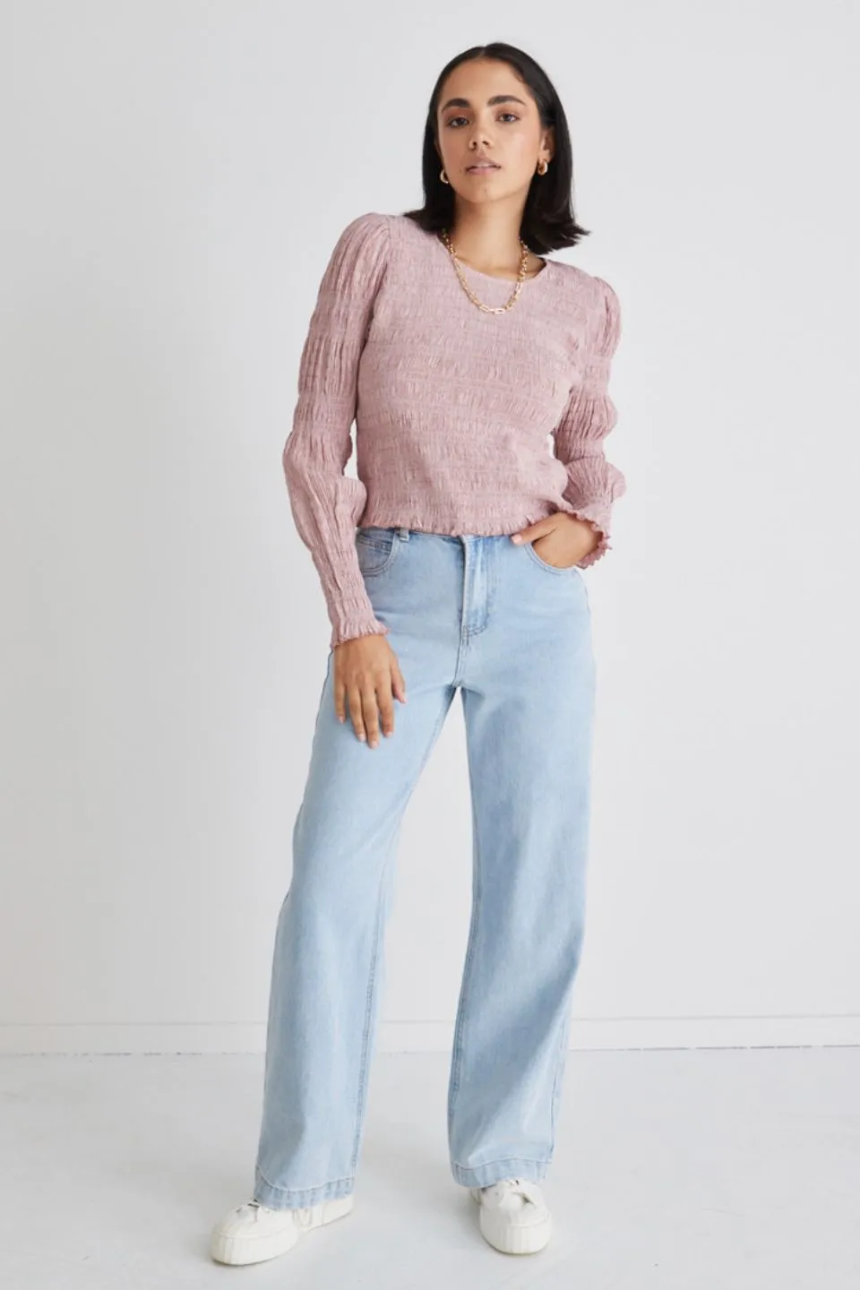 Dani Blush Rose Shirred LS Top