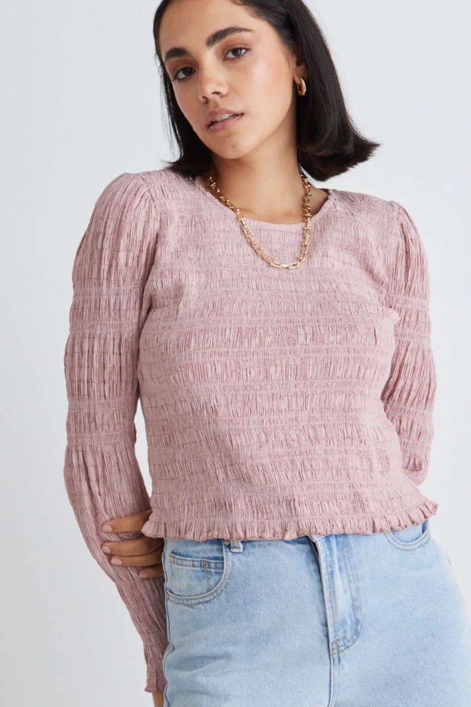 Dani Blush Rose Shirred LS Top