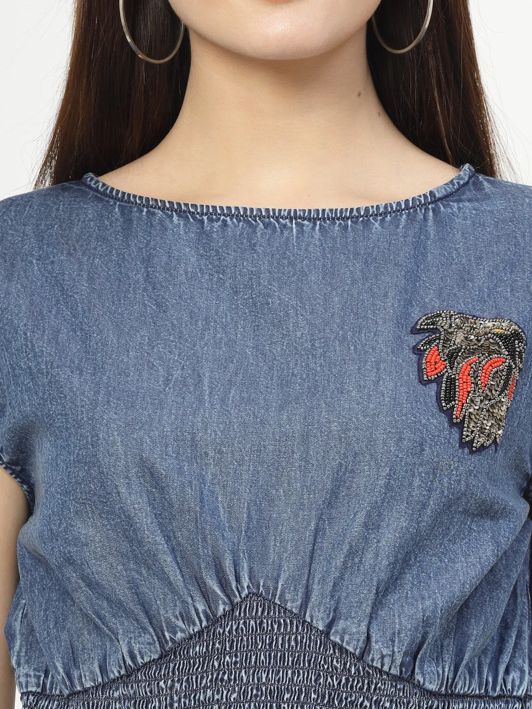 Denim Blue Cotton Blend Crop Top With Smoking