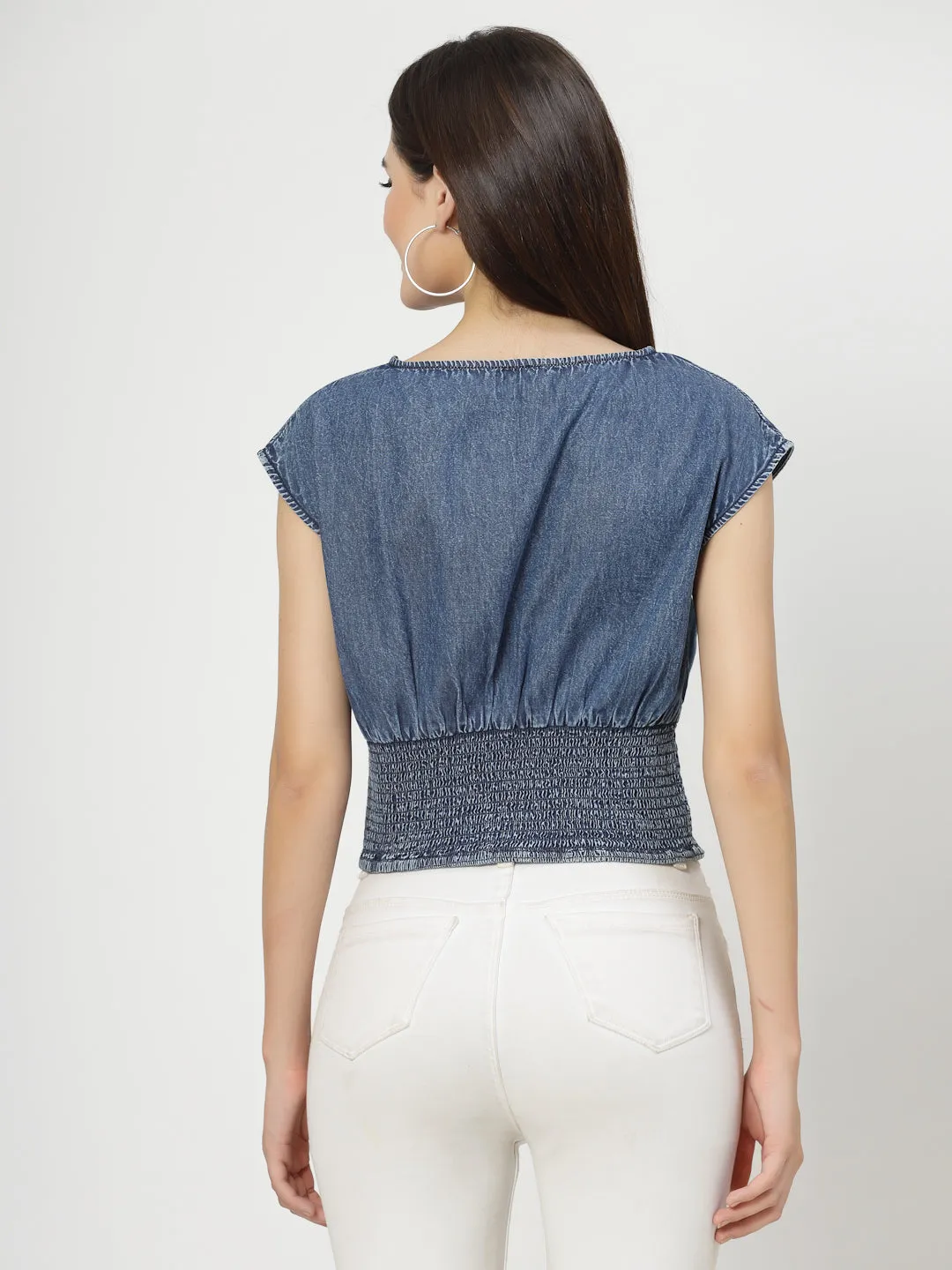 Denim Blue Cotton Blend Crop Top With Smoking