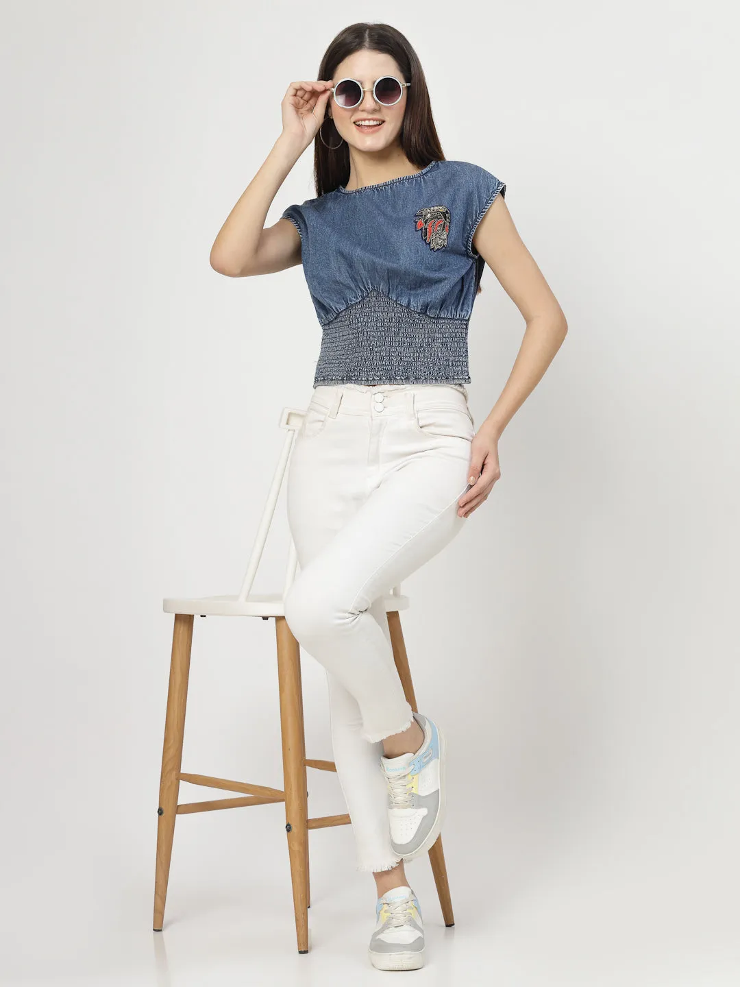 Denim Blue Cotton Blend Crop Top With Smoking