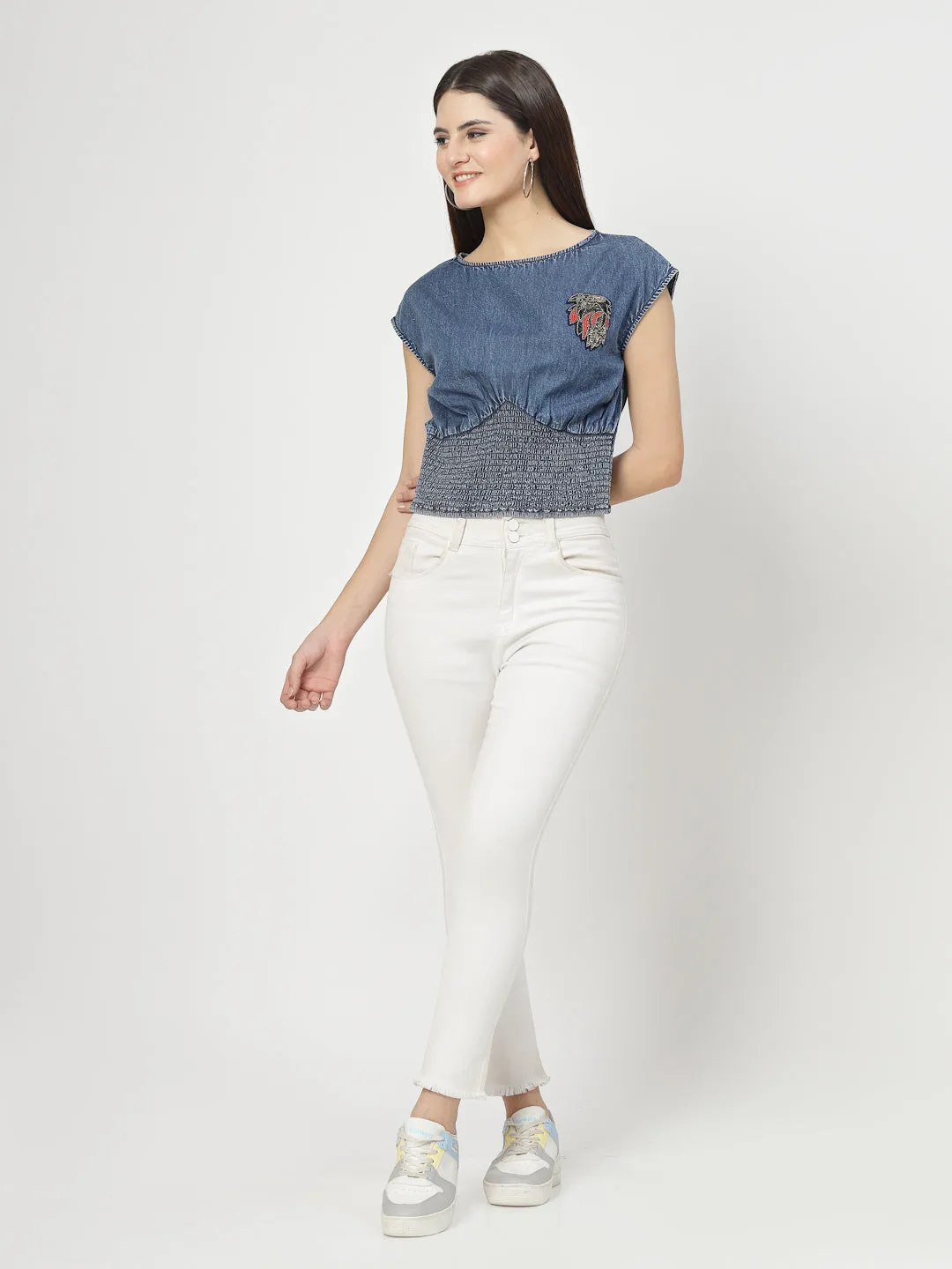 Denim Blue Cotton Blend Crop Top With Smoking