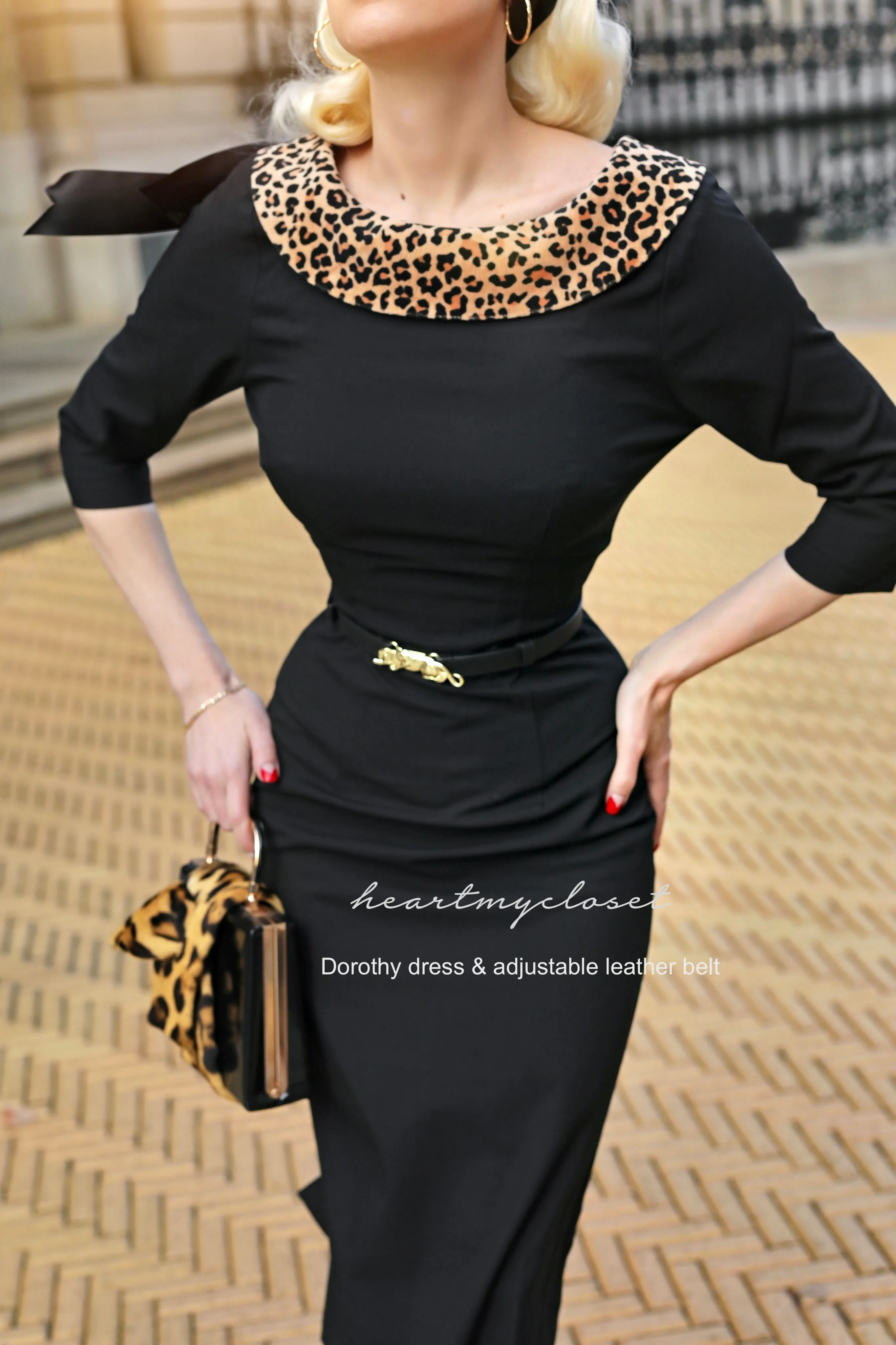 Dorothy leopard trim WITH BELT - retro vintage pencil dress bow back