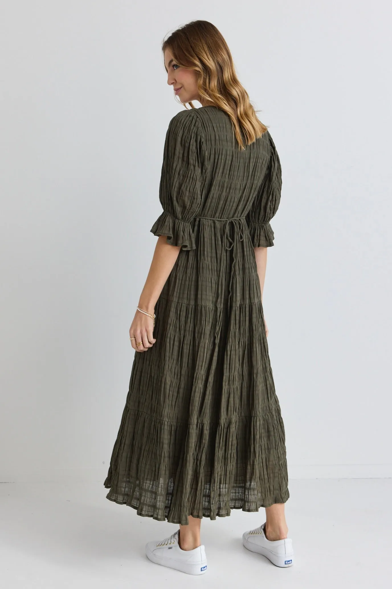 Dreamy Khaki Bubble SS Button Front Tiered Maxi Dress