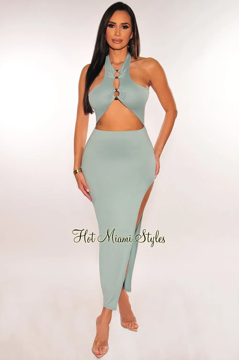 Dusty Mint Halter O-Ring Cut Out Slit Dress