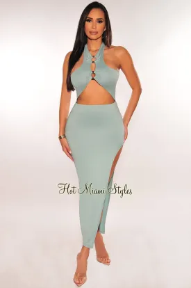 Dusty Mint Halter O-Ring Cut Out Slit Dress