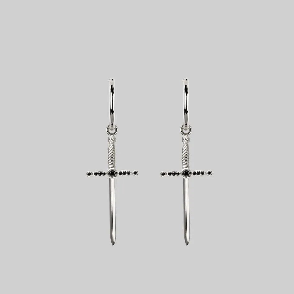 ELYSIAN. Black Spinel Dagger Hoop Earrings - Silver