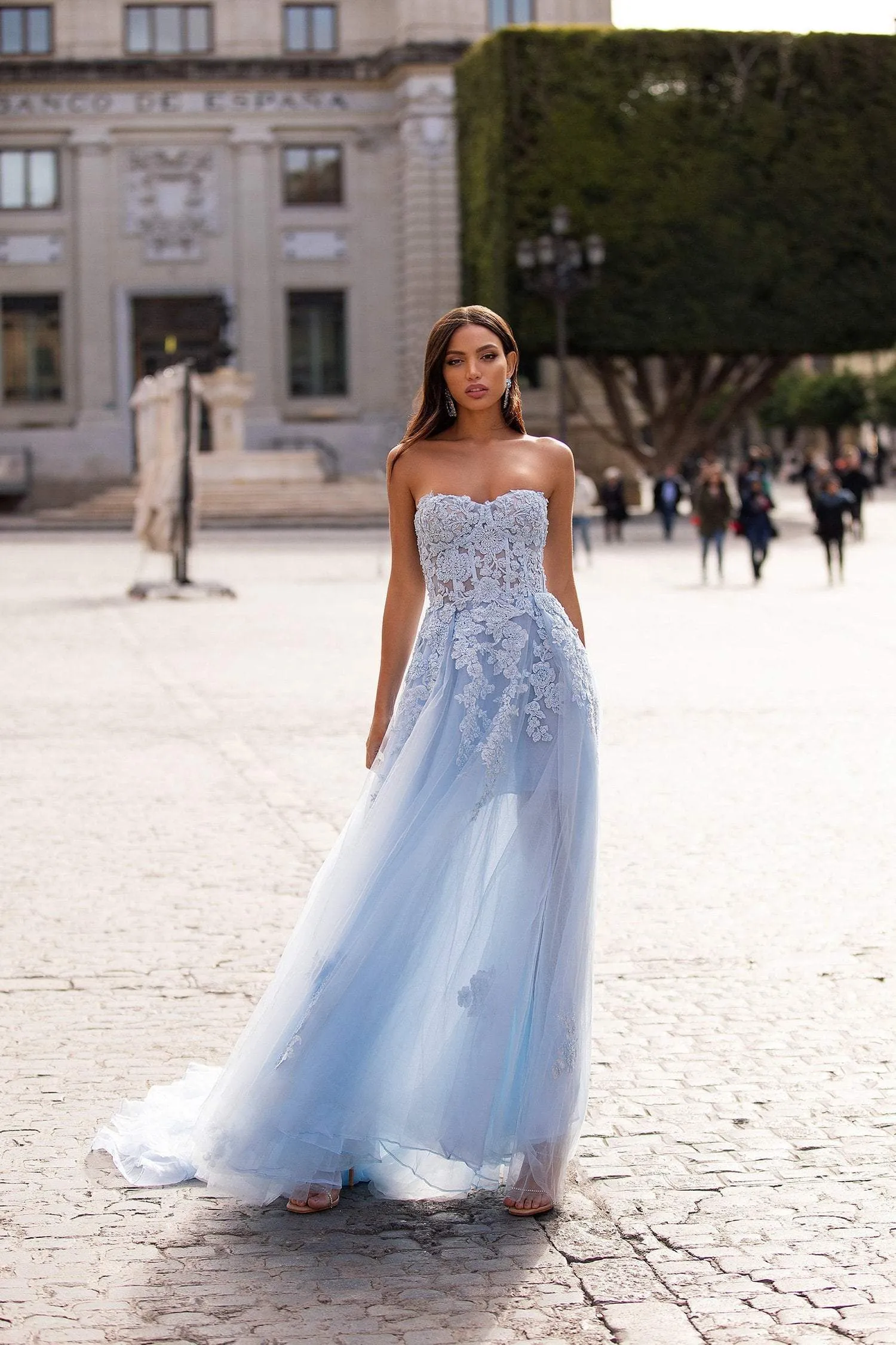 Estafania Beaded Tulle Gown - Baby Blue