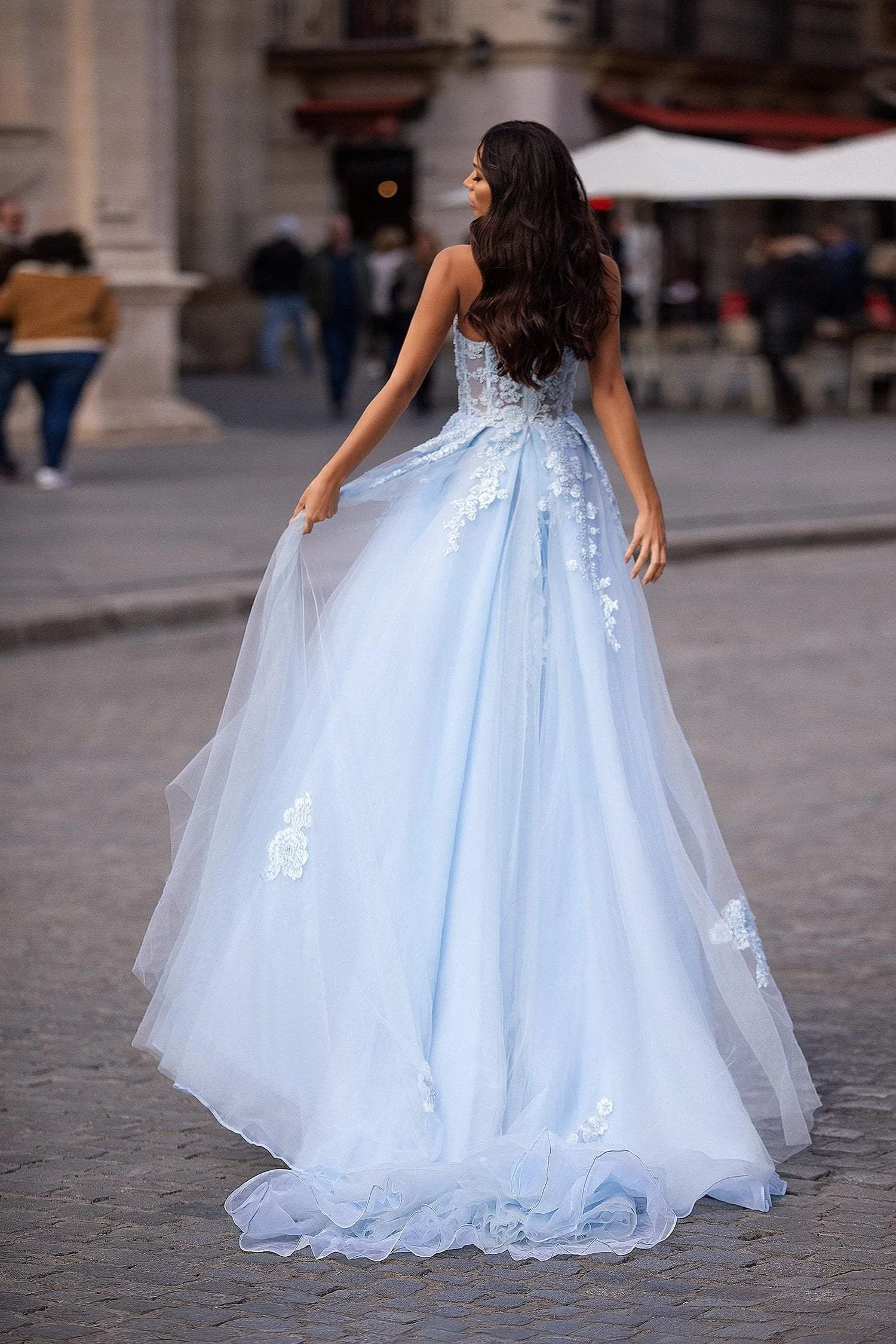 Estafania Beaded Tulle Gown - Baby Blue