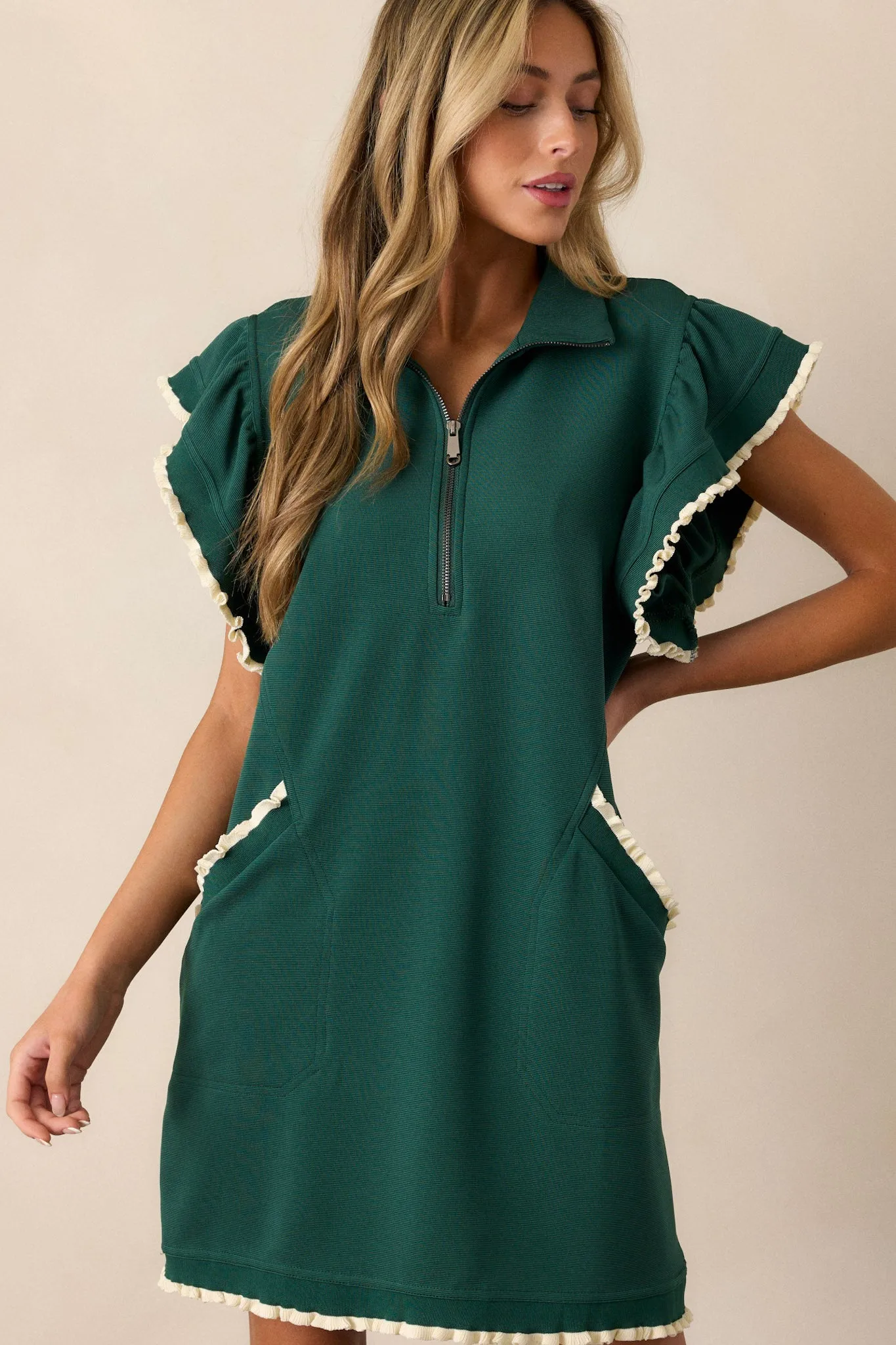 Everywhere & Back Forest Green Flutter Sleeve Mini Dress