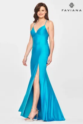 Faviana 10826 Straight V With Slit | Dark Emerald, Hot Pink, Sea Blue