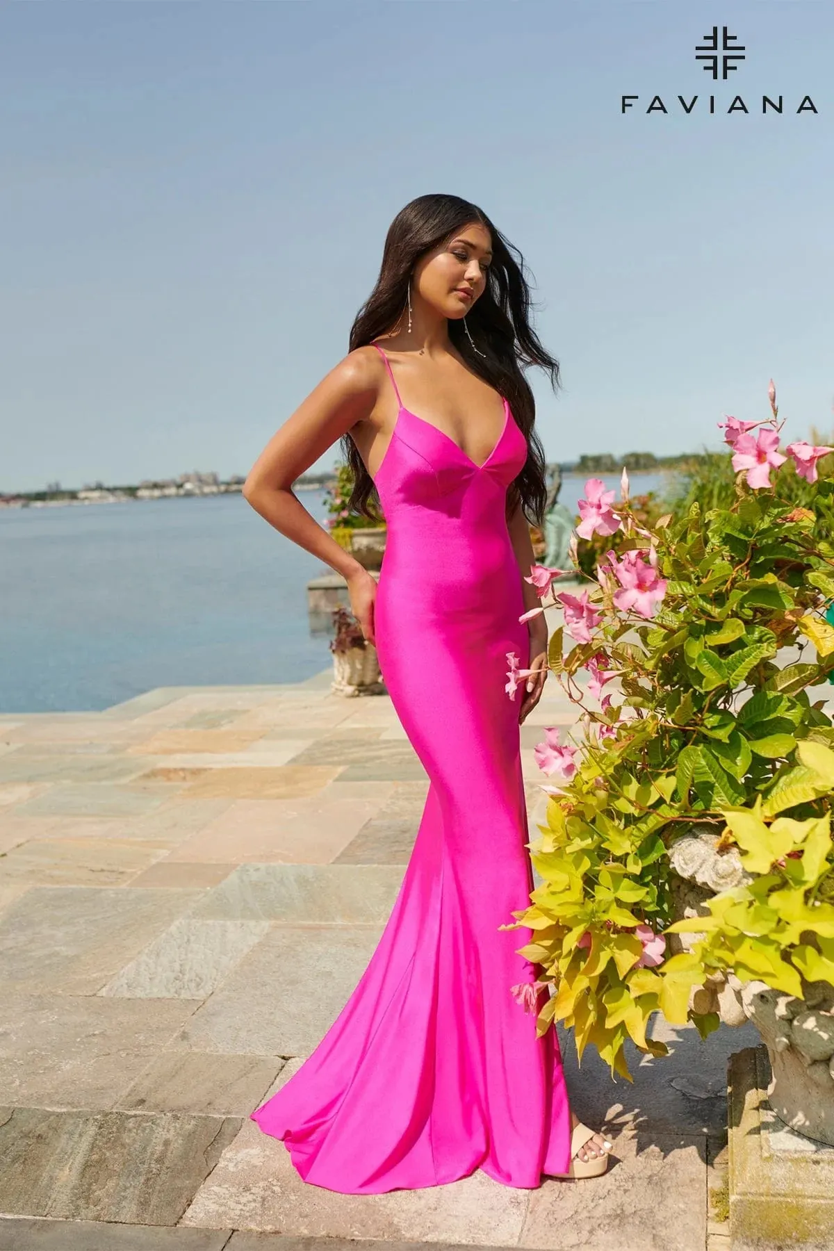 Faviana 10826 Straight V With Slit | Dark Emerald, Hot Pink, Sea Blue