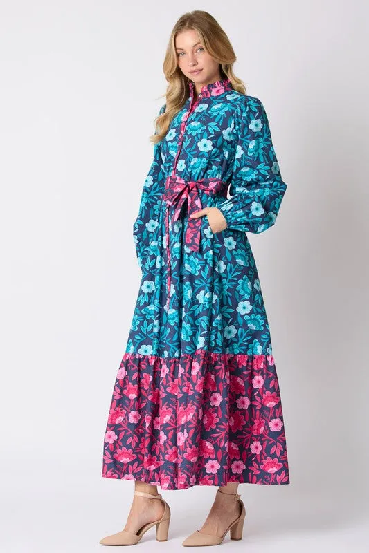 Floral Printed Mixed Tie Waist Maxi Dress