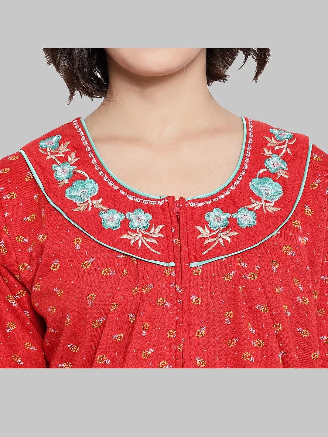 Floral Woolen Nighty - Red & Golden