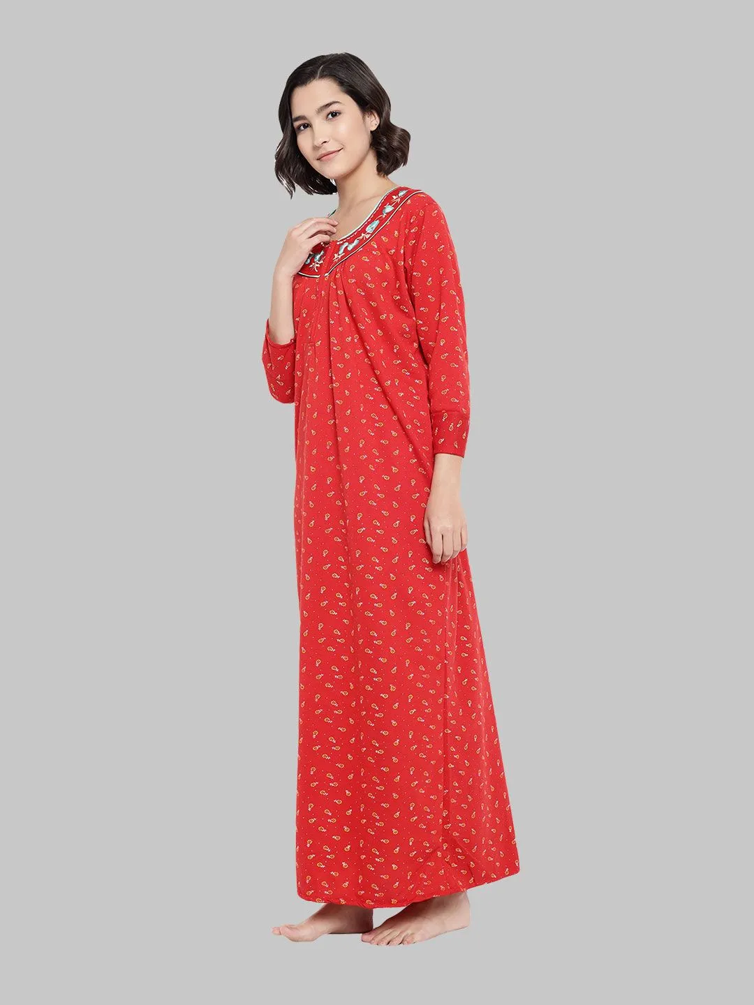 Floral Woolen Nighty - Red & Golden