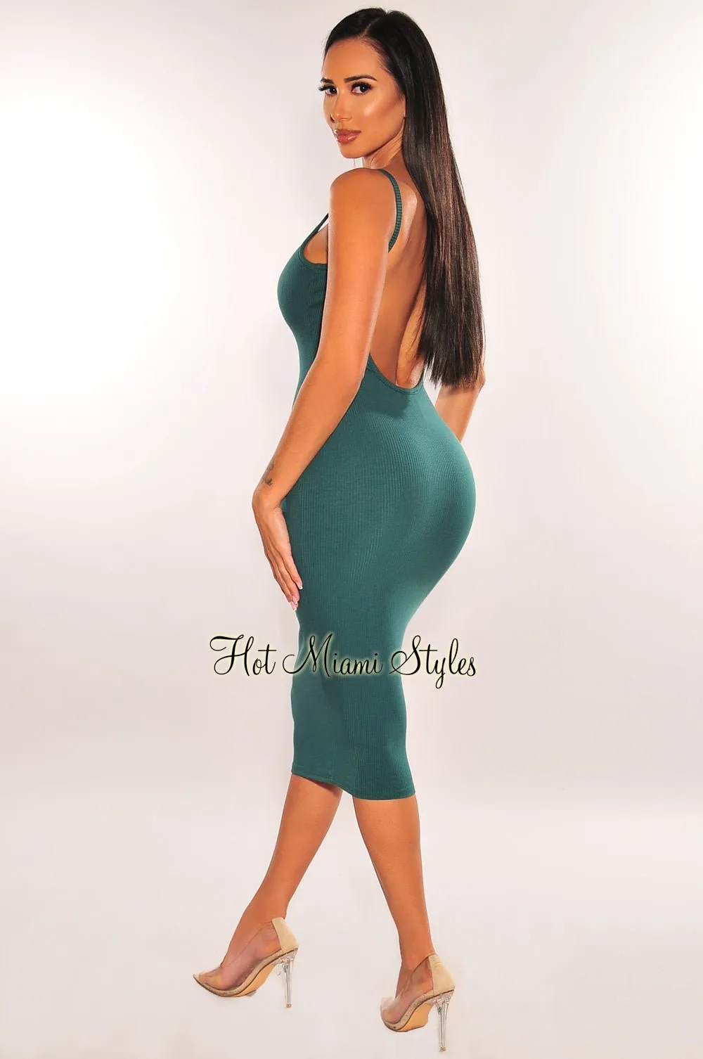 Forrest Green Ribbed Knit Spaghetti Straps Scoop Back Midi Dress