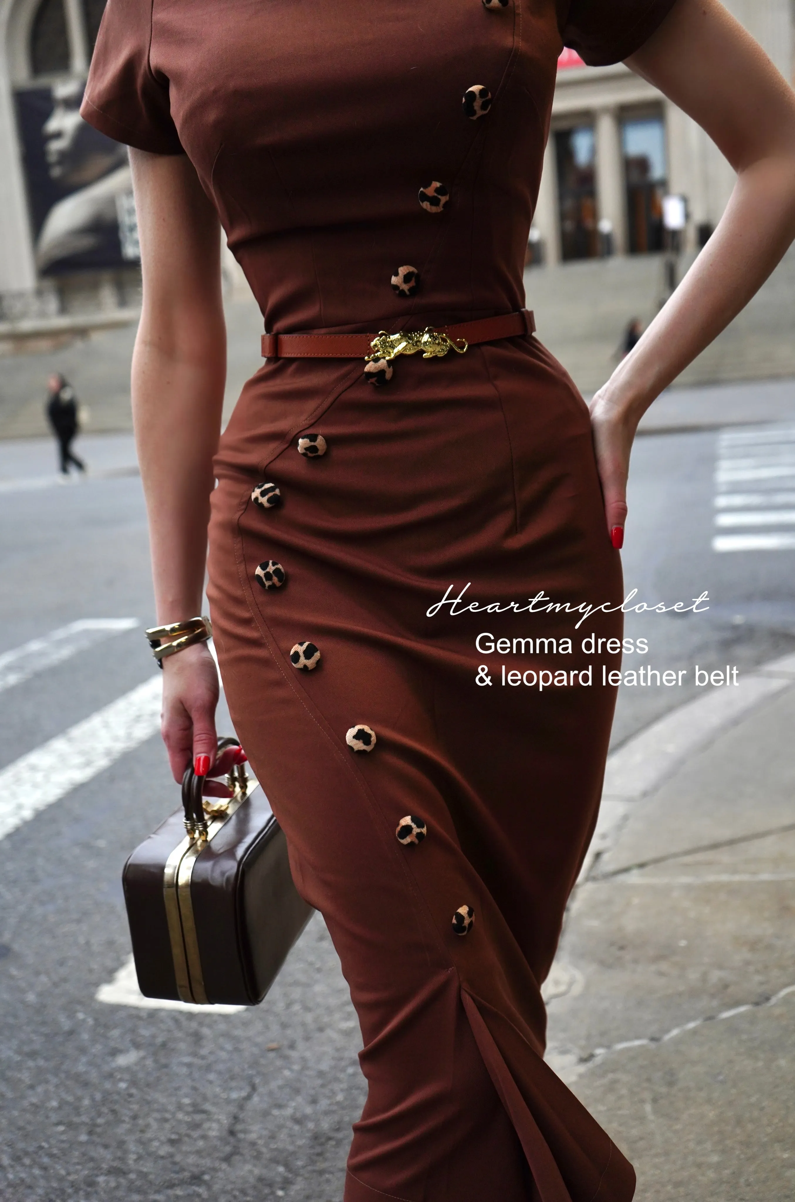 Gemma dress with leopard velvet and belt - retro vintage pencil