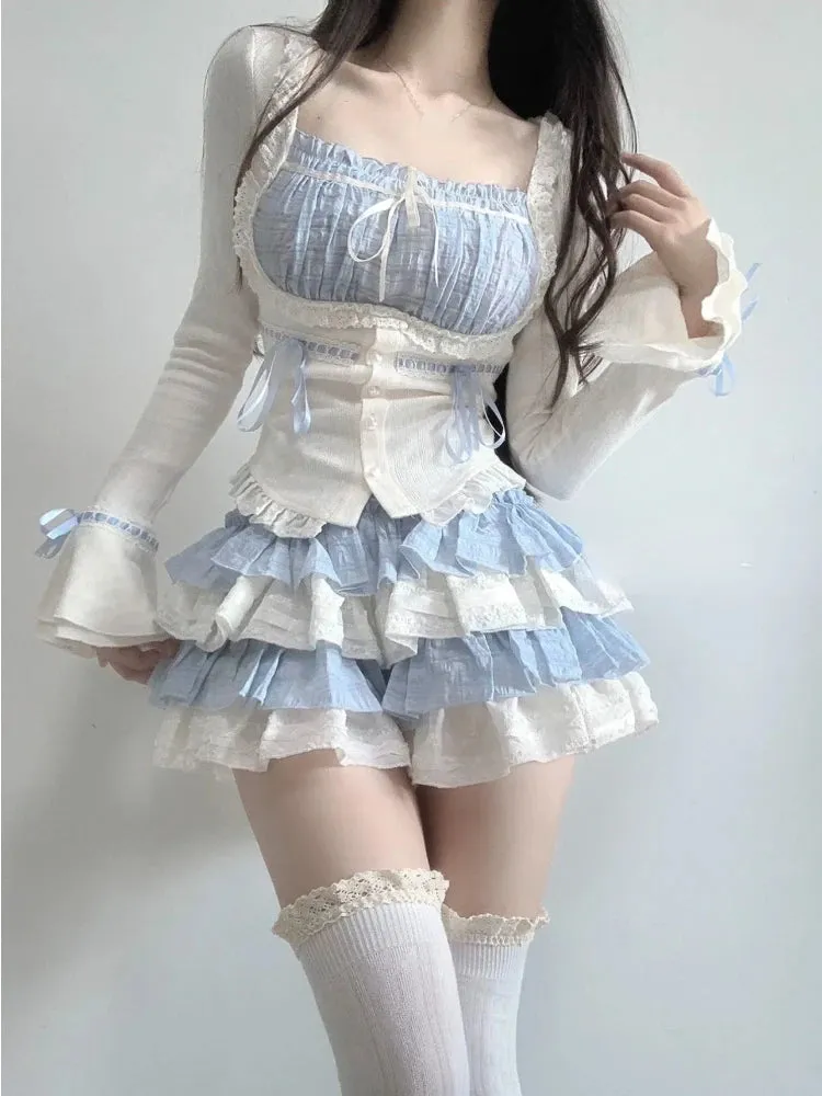 Getadme Kawaii Clothing 2 Piece Skirts Sets Autumn Casuall Japanese Style Y2k Crop Tops Blouse   Mini Skirts Vintage Lolita Suits