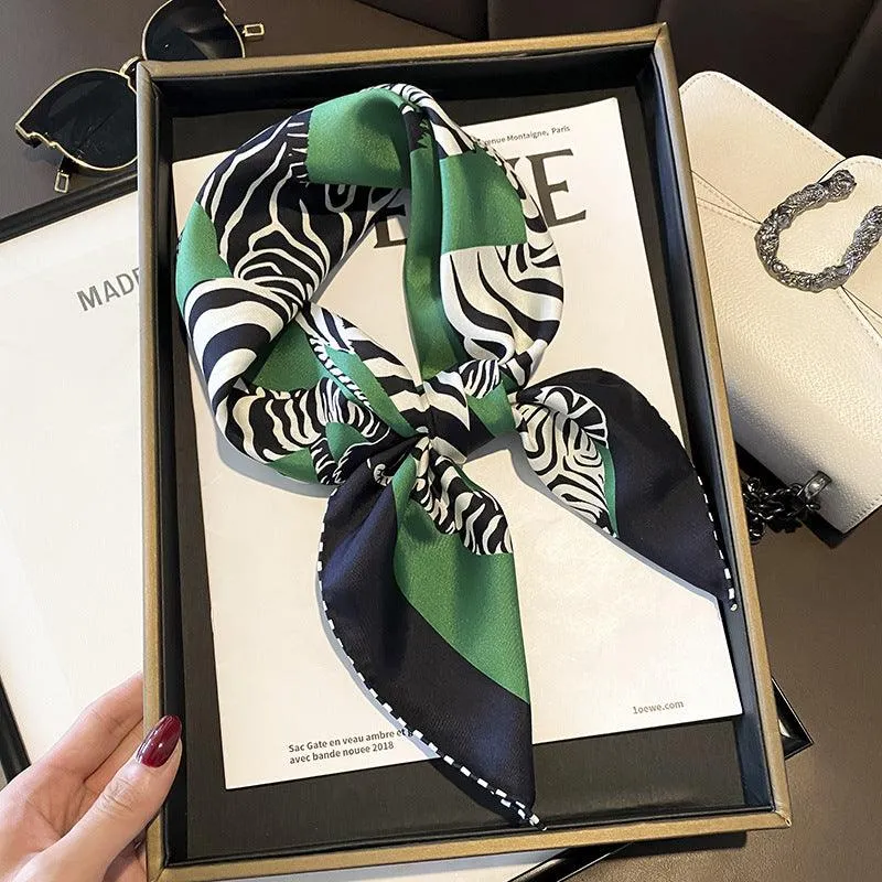 Green Zebra Pattern Luxurious 65cm Mulberry Silk Square Scarf/Hand-Rolled Hem/Small Neck Scarf/Gift For Her