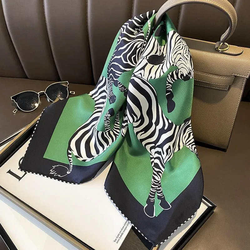 Green Zebra Pattern Luxurious 65cm Mulberry Silk Square Scarf/Hand-Rolled Hem/Small Neck Scarf/Gift For Her