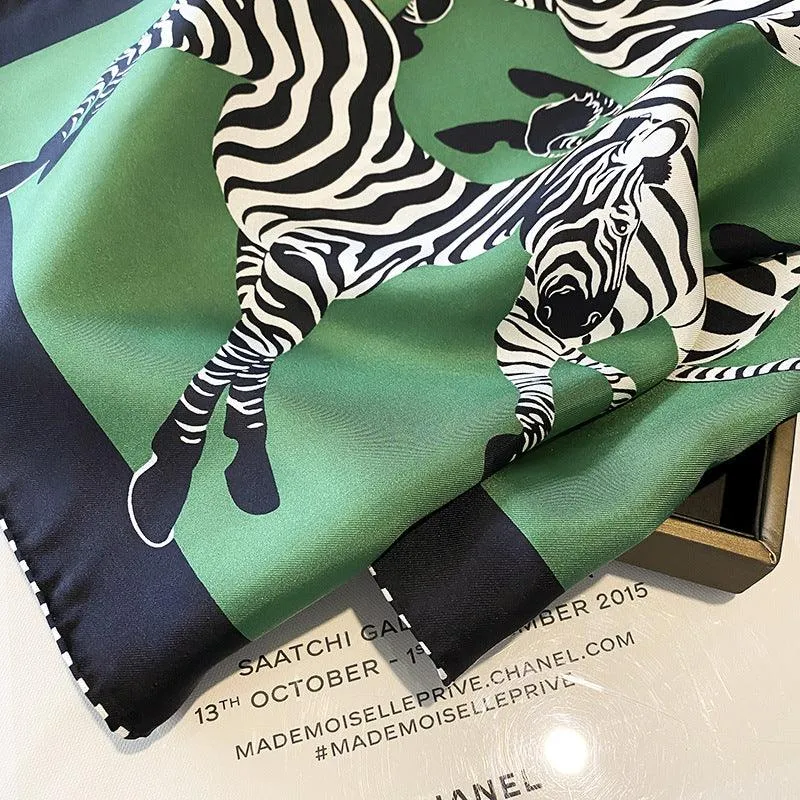 Green Zebra Pattern Luxurious 65cm Mulberry Silk Square Scarf/Hand-Rolled Hem/Small Neck Scarf/Gift For Her