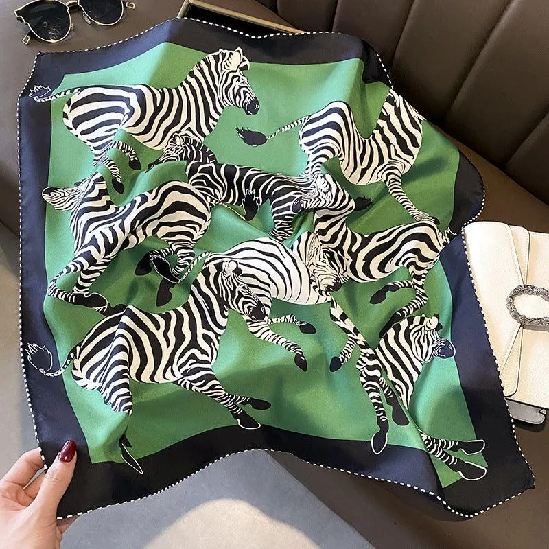 Green Zebra Pattern Luxurious 65cm Mulberry Silk Square Scarf/Hand-Rolled Hem/Small Neck Scarf/Gift For Her