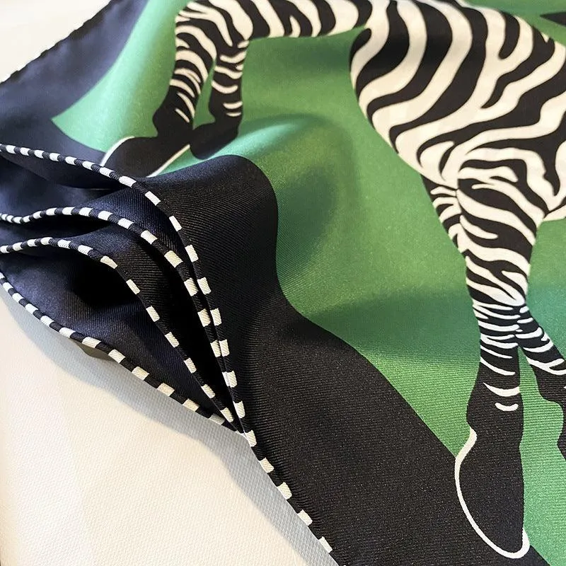 Green Zebra Pattern Luxurious 65cm Mulberry Silk Square Scarf/Hand-Rolled Hem/Small Neck Scarf/Gift For Her