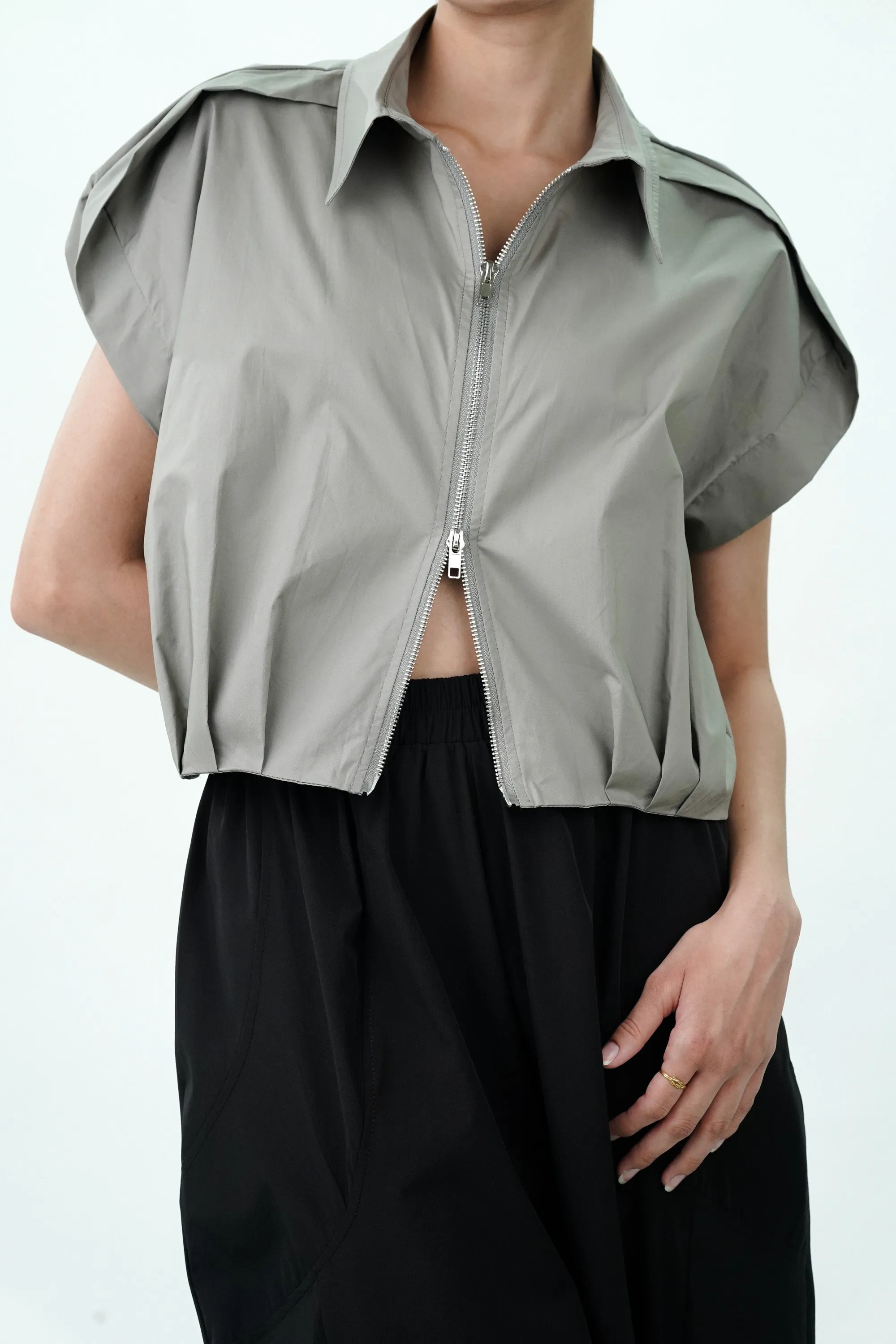 Grey Double Zipper Pleated Hem Top