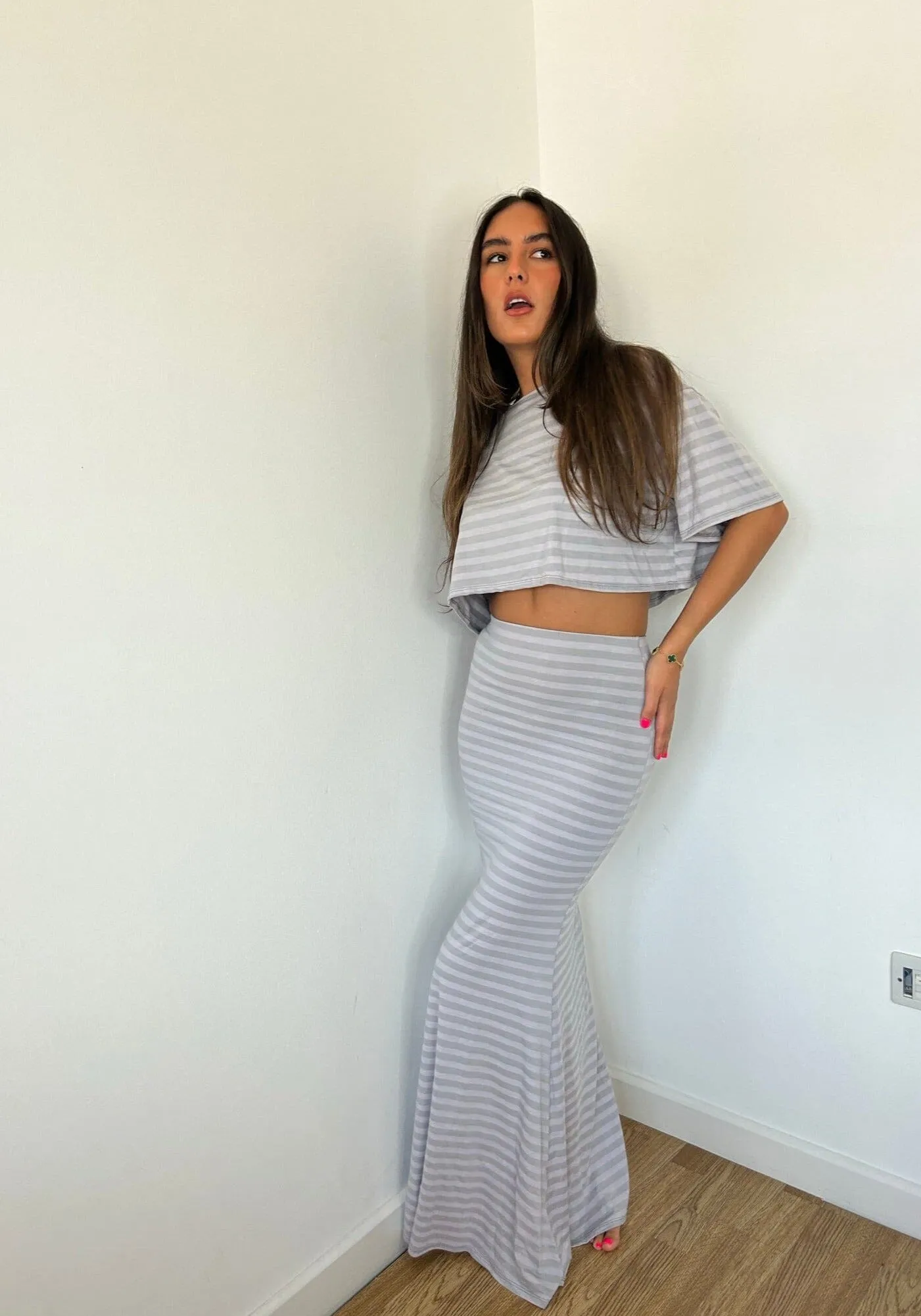 Grey Stripe Crop Top and Maxi Set