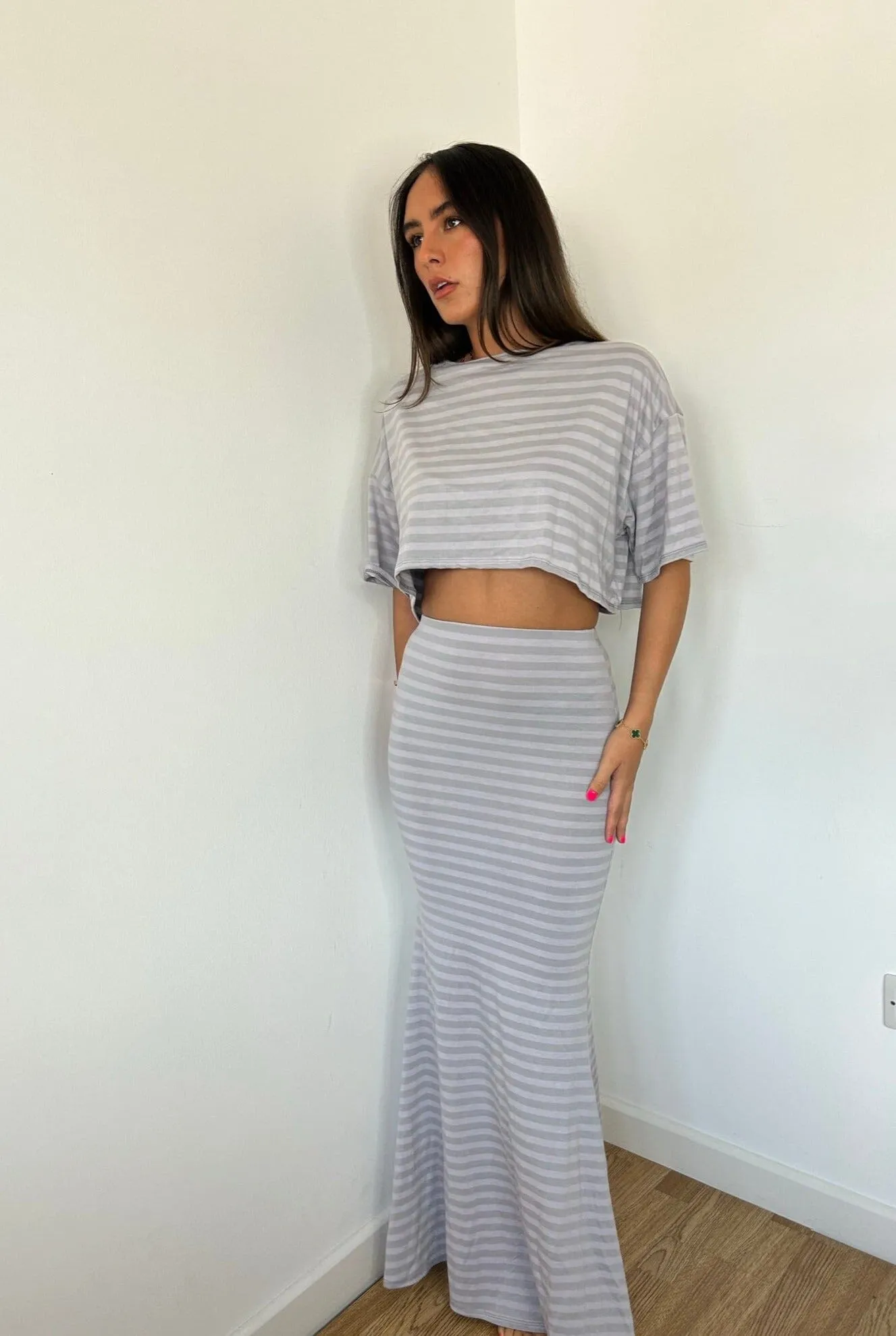 Grey Stripe Crop Top and Maxi Set