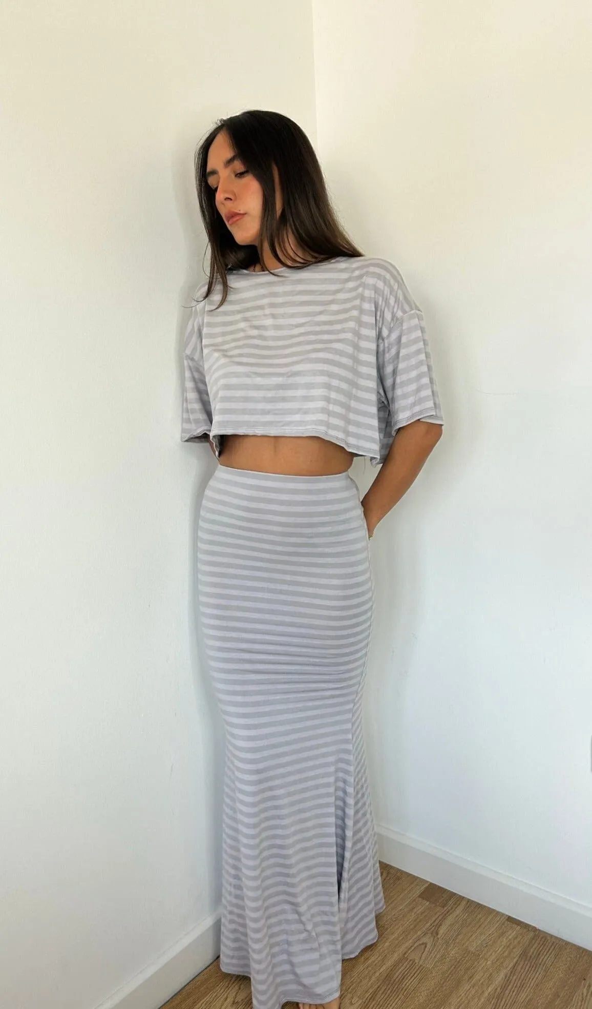 Grey Stripe Crop Top and Maxi Set