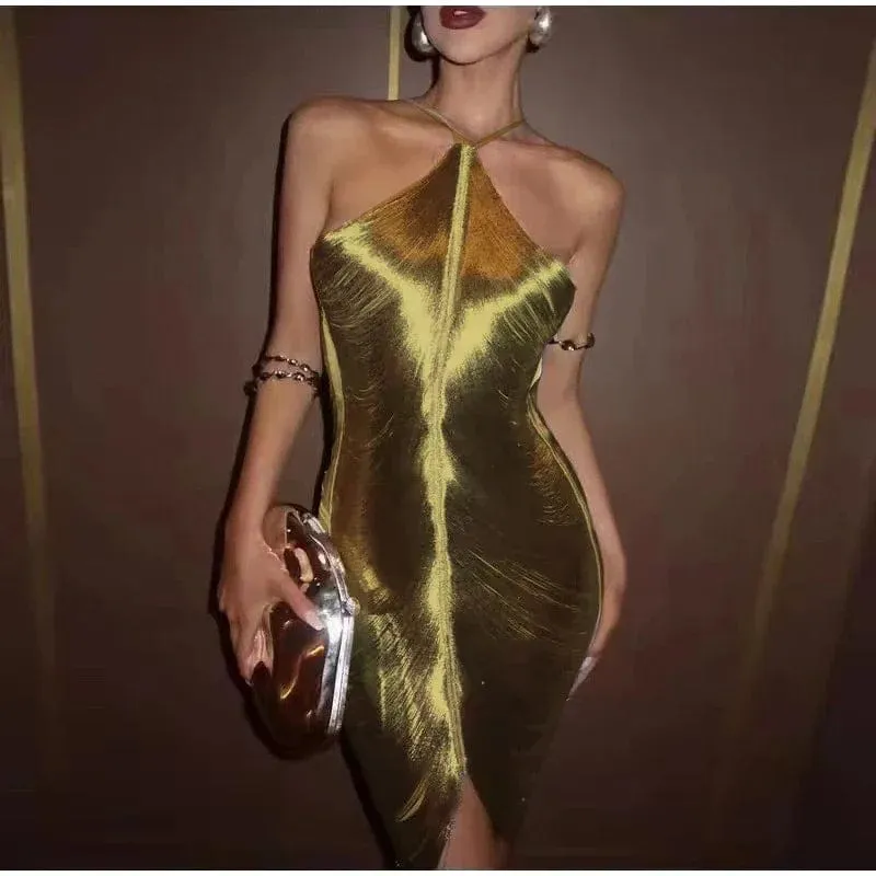 Hanging Neck Metallic Short Dress: Women's Off-Shoulder Backless Shiny Elegance for Evening Party