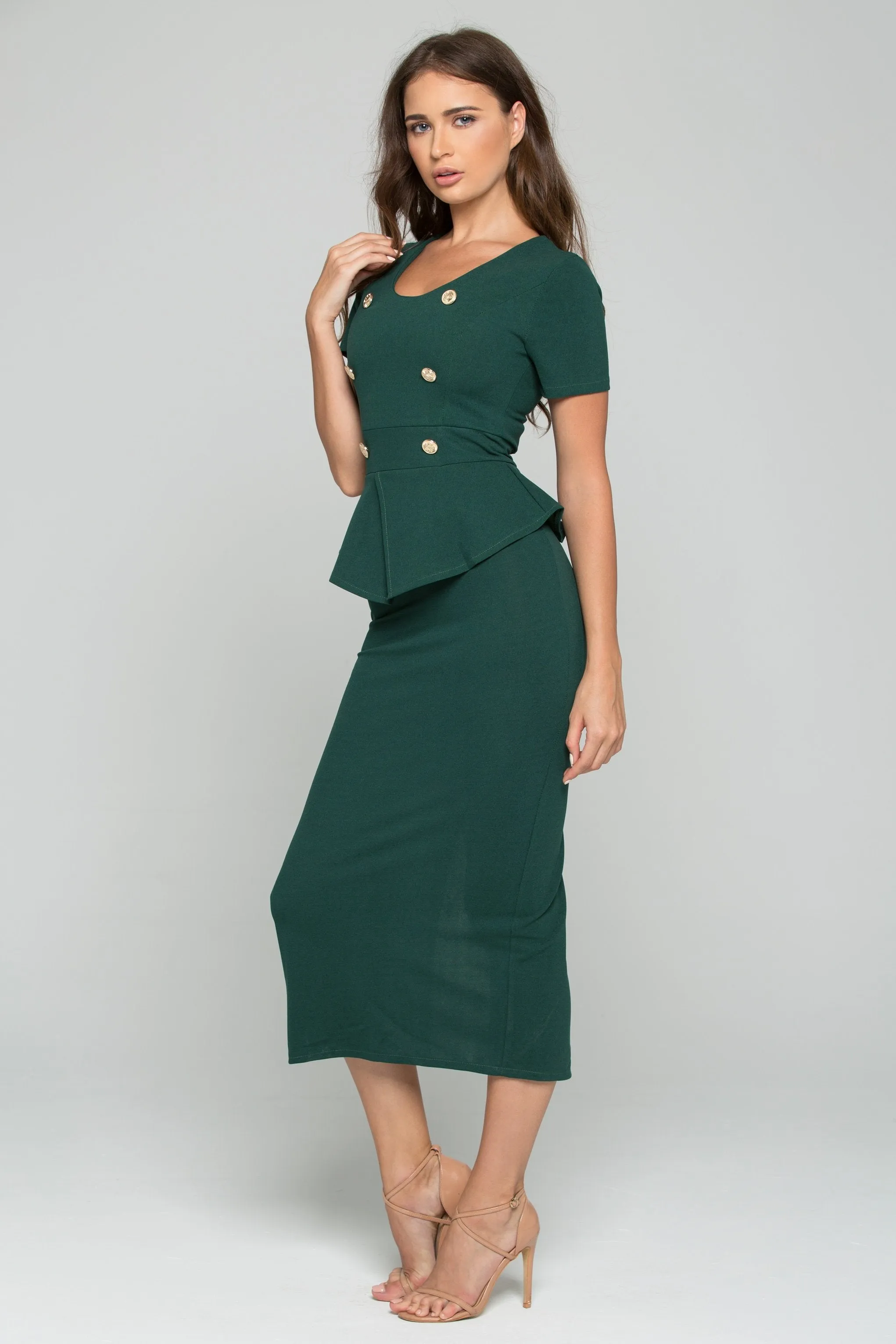 Hunter Green Sheath Peplum Short Sleeve Maxi Dress