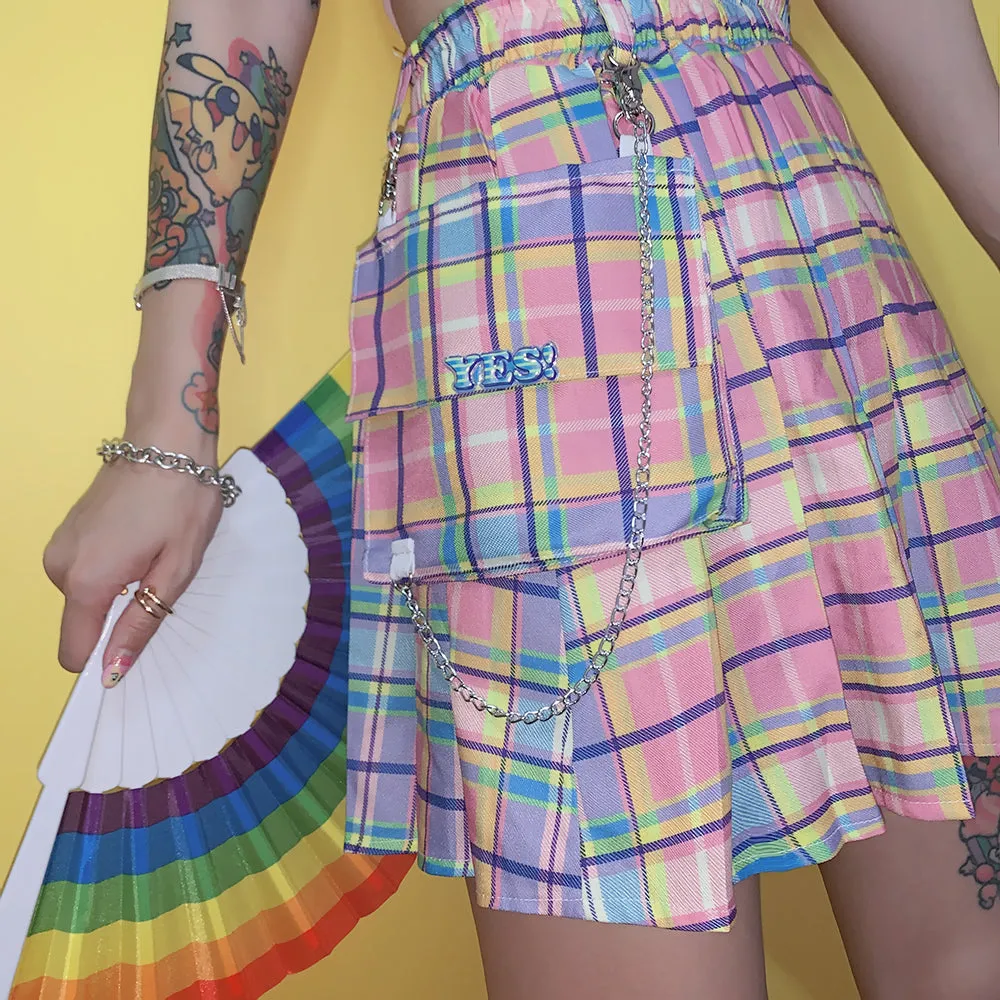 INS SUMMER HARAJUKU POCKET CHAIN RAINBOW CHECKER SKIRT BY61051