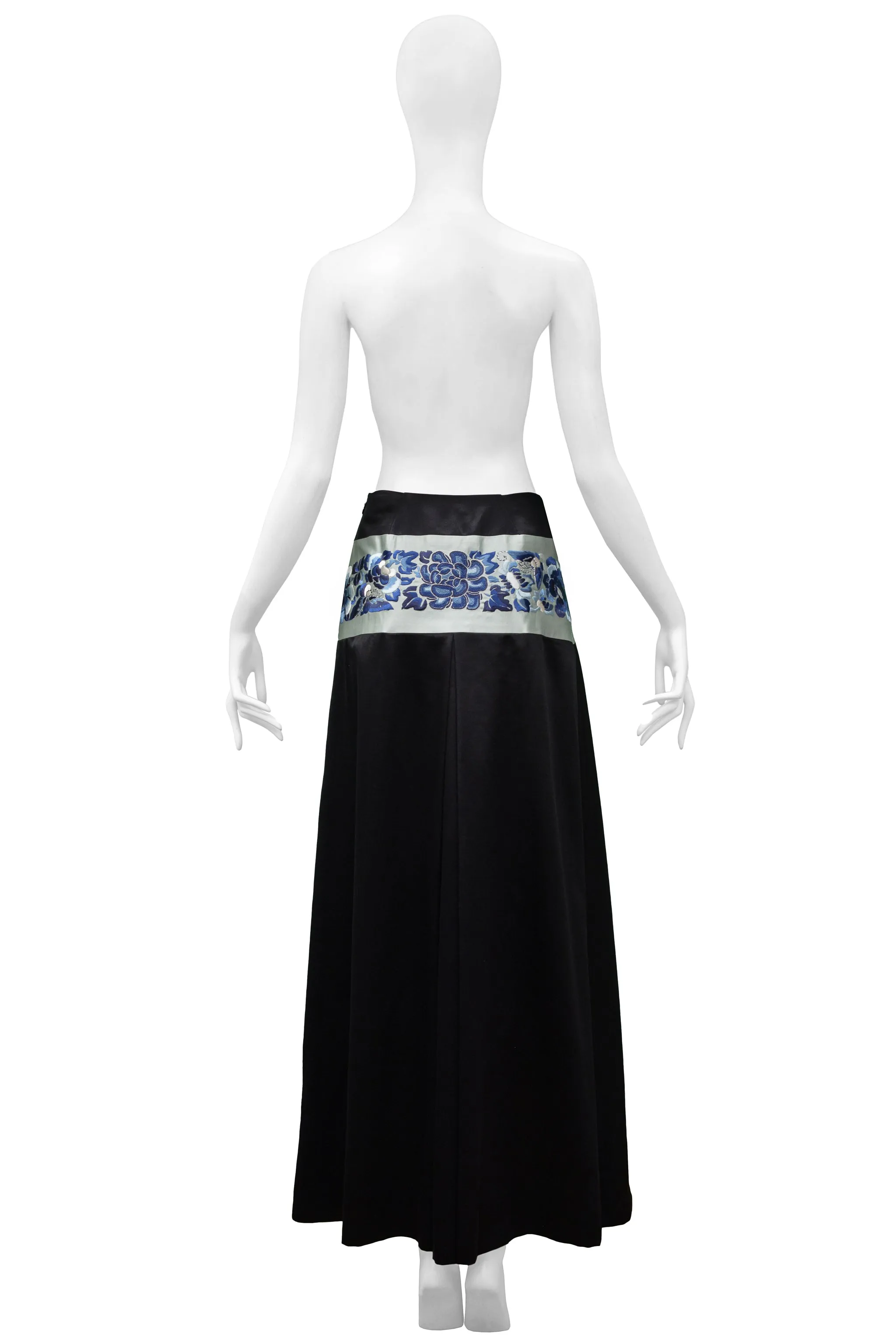 JOHN GALLIANO BLACK SATIN MAXI SKIRT WITH BLUE ASIAN FLORAL WAISTBAND