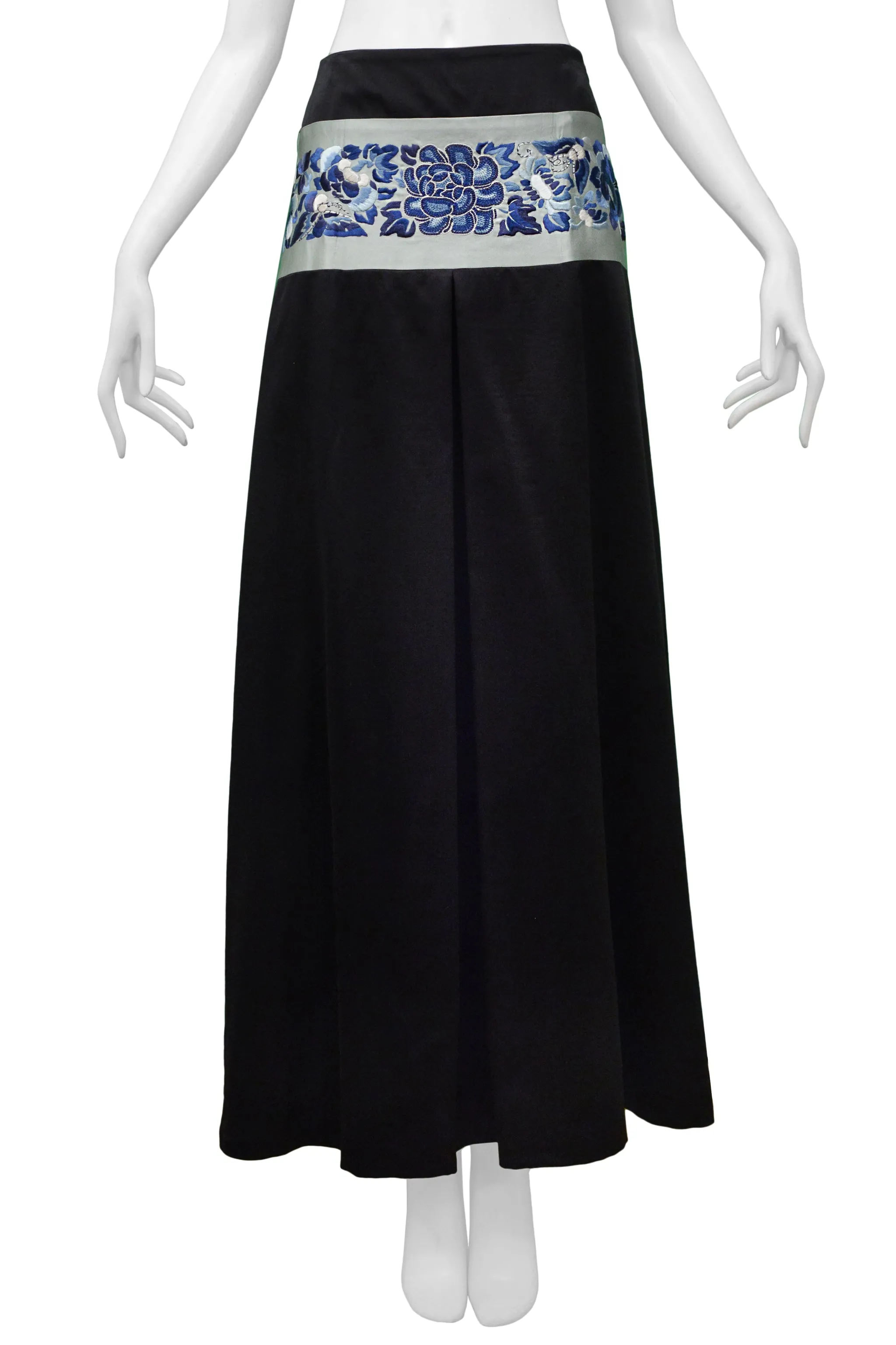 JOHN GALLIANO BLACK SATIN MAXI SKIRT WITH BLUE ASIAN FLORAL WAISTBAND