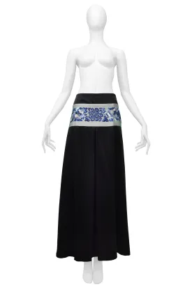 JOHN GALLIANO BLACK SATIN MAXI SKIRT WITH BLUE ASIAN FLORAL WAISTBAND