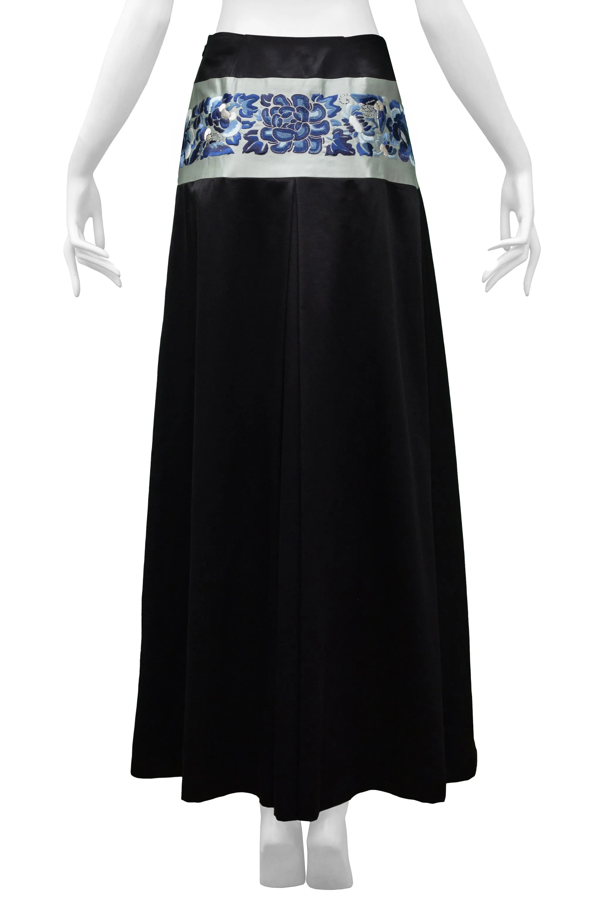 JOHN GALLIANO BLACK SATIN MAXI SKIRT WITH BLUE ASIAN FLORAL WAISTBAND